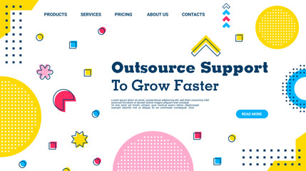 Poster - Abstract modern Memphis landing page with geometric shape elements, vector template background. Memphis landing page for website with home menu buttons and minimal shapes or abstract geometric figures