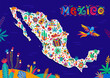 Mexico map with Mexican national symbols, landmarks and cuisine food, vector background. Mexico map with sombrero and guitar, cactus and maracas, Aztec or Maya pyramid and poncho in ethnic ornament