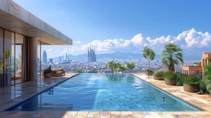 Wall Mural - Illustrate a luxurious penthouse boasting panoramic views of Barcelonas famous landmarks, including the Sagrada Familia, Park Gell, and the Mediterranean