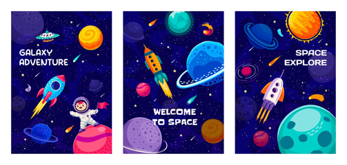 Poster - Galaxy space posters with kid astronaut, rocket spaceship and planets, cartoon vector. Kid spaceman with flag on galaxy planet with alien UFO, asteroids and rockets in starry galactic sky background