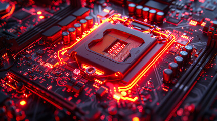 Wall Mural - Close-up of a processor with neon red backlight. Installation of microchips, innovative methods. Technology concept.