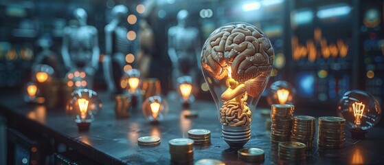 Poster - businessman touches light bulb to idea stacking coins and calculating with percentage for interest r