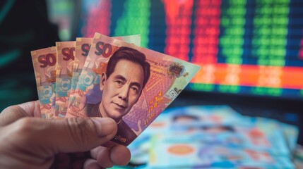 Fototapete - Stock market concept. Businessman hand holding Thai bank notes and stock market graph and chart price display. Concept financial analysis with thai bank and graph stock in background.