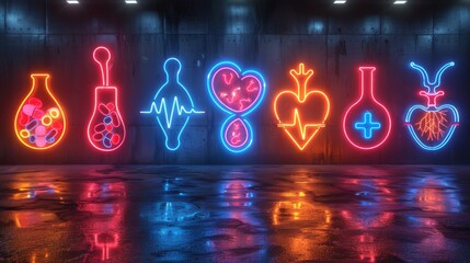 Wall Mural - Produce a neon set of healthcare interactions symbols, including shimmering