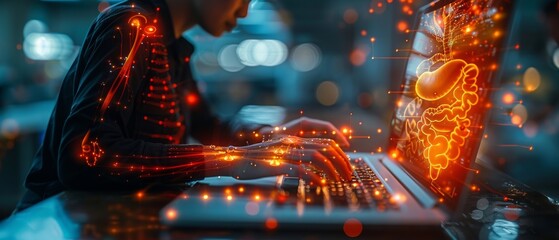 Poster - Businessman uses laptop to transfer money to global business FinTech Finance Technology online banking,