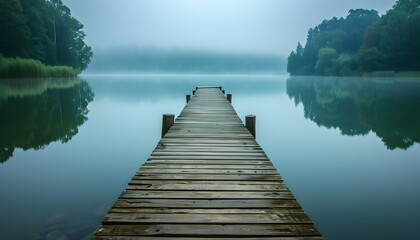 Wall Mural - Wooden Dock Misty Lake Calm Water Reflection Serenity