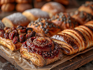 freshly baked croissants and pastries in a bakery display