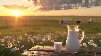 milk in a glass and jug on a wooden table against a green meadow with cows at sunset