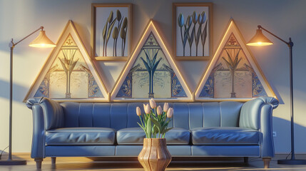 Poster - Modern living space with a blue leather sofa, artistic frames, a tulip vase, and a dimmable light floor lamp.