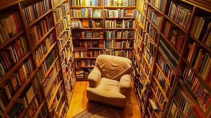 Canvas Print - Bookshelf top view down into a reading nook with an armchair under a warm lamp.