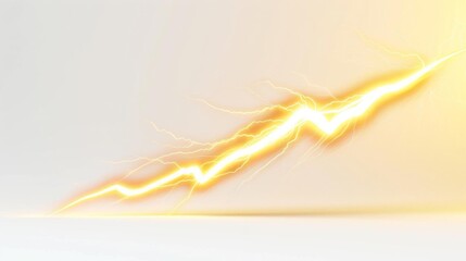 3D illustration of a single sharp yellow electricity lightning bolt, striking diagonally, isolated on a pure white background with ample copy space