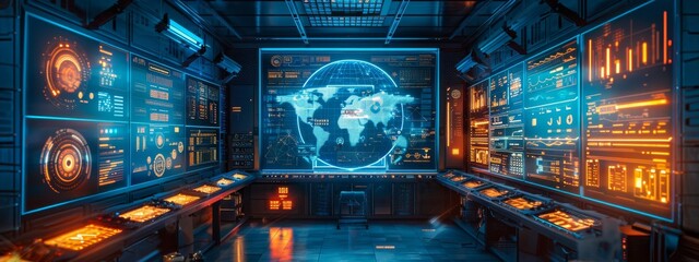 Poster - High-tech workstation with multiple AI interfaces, focusing on ERP modules like finance, human resources, and supply chain management.