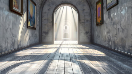 Wall Mural - Art display area with a Roman arch, taupe flooring, and sunlight casting calm shadows.