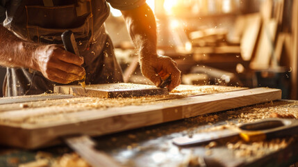 A young carpenter works with wood under the rays of the sun. A worker works on a wooden table in a sunny room. Woodworking concept.