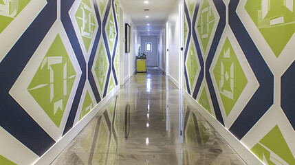 Sticker - Contemporary passageway with bold lime and navy wallpaper and polished concrete floors.