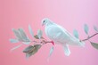 Background Peace. White Dove Carrying Olive Leaf Branch on Pastel Background