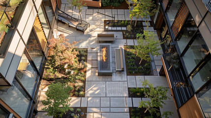 Wall Mural - Drone shot of an open-air courtyard with chic landscaping and a fire pit.