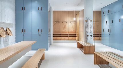 Poster - Streamlined mudroom with blue storage lockers, wooden seating, and white floors.