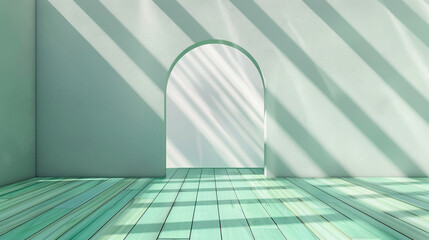 Sticker - Gallery in 3D with a grand arch, mint wooden floor, and dynamic shadows.