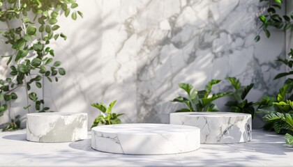 A 3D-rendered white marble podium set against a summer backdrop with greenery and abstract stone elements, ideal for elegant product showcases