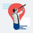 © Lustre - Poster. Contemporary art collage. Young man looks to spyglass to distance, future and create silhouette of light bulb, symbolizing successful beginning of startup. Concept of business, best practice.