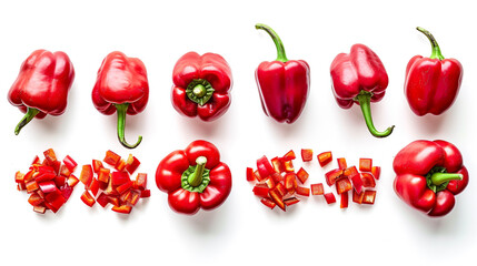 Wall Mural - Sweet red peppers in a gradient display from whole to slices on white.