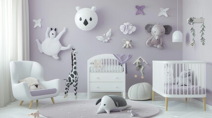 Wall Mural - Child's nursery featuring soft lilac walls and modern furnishings with animal themes.