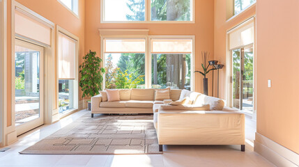 Wall Mural - Airy living space with peach walls, chic sofas, and ample natural lighting.