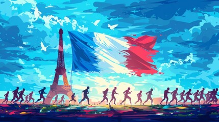 Wall Mural - games 2024 in Paris France. Athletes running, sports event, French flag and Eiffel tower background	