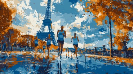 Wall Mural - games 2024 in Paris France. Athletes running, sports event, Eiffel tower background