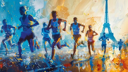 games 2024 in Paris France. Athletes running, sports event, Eiffel tower background