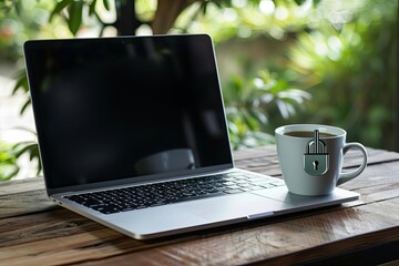 Wall Mural - cybersecurity concept with padlock on laptop screen and coffee on wooden desk digital protection