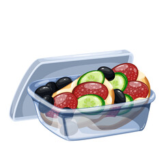 Wall Mural - Open plastic box with sandwiches, cartoon lunchbox food snack for kids. Funny transparent container with toast bread, slices of sausage and cucumber, cartoon sandwiches for lunch vector illustration