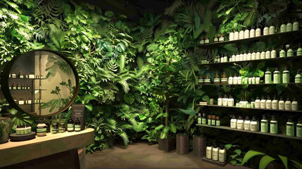 Wall Mural - Eco-friendly beauty salon with a live plant wall tapestry and green product displays.