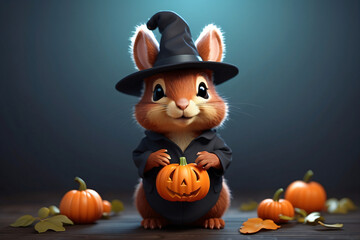 Wall Mural - halloween pumpkin with rabbit wearing a hat