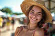 Happy girl in a sun hat at a lively outdoor market, a cheerful lifestyle moment