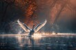 Elegant swan gracefully takes flight from mist-covered lake at sunrise