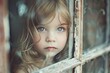 Close-up portrait of a pensive young girl gazing through a vintage windowpane