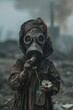 A poignant scene of a child in a gas mask holding a daisy, amidst a backdrop of a devastated, polluted landscape