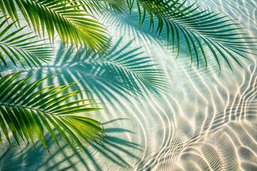 The concept of a summer vacation on the beach. View of tropical leaves on the surface of the water. The shade of palm leaves on the white sand beach. Beautiful abstract background for the banner.