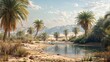 Tranquil oasis with palm trees and mountain backdrop