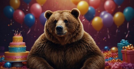 Creative animal concept Brown bear dons glamorous couture outfits, isolated on a vibrant background for birthday party invites and banners