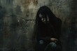 Depiction of a woman struggling with mental illness, sitting in darkness against a textured background, capturing the lonely anguish of psychological turmoil