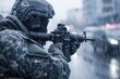 Focused soldier in full gear aims his rifle in the rain, demonstrating determination in the midst of urban surroundings and cascading droplets