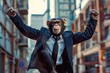 Triumphant chimpanzee in business attire celebrating success and achievement in a cityscape conceptual image