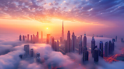Wall Mural - A photo featuring a bustling urban skyline at sunrise. Highlighting the glittering skyscrapers and waking city streets, while surrounded by morning fog
