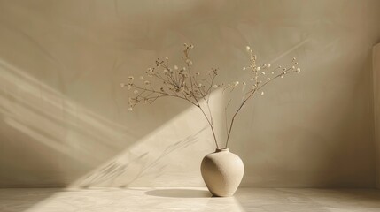 Wall Mural - minimalist floral decor, a solitary dried flower branch in a modest vase embodies the wabi-sabi charm of a tranquil bathroom space