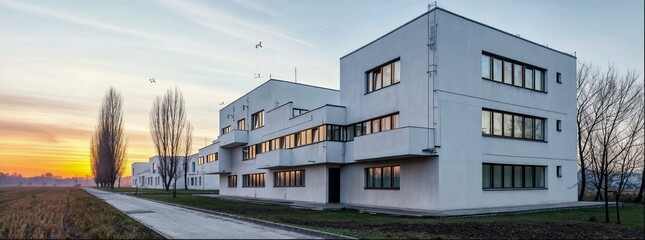 A white, two-story office building. Countryside on which you can see fields. The facade is made from concrete panels and has large windows. It stands alone against the backdrop of sunset sky. 