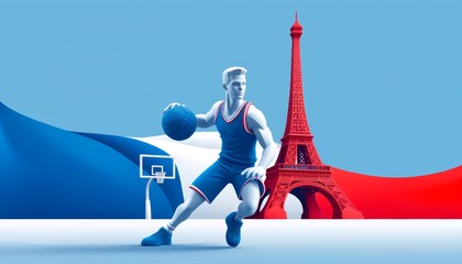 Wall Mural - Basketball player and Eiffel tower, Basketball game in France, games 2024