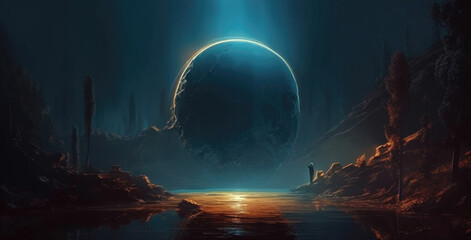 Wall Mural - a painting depicting a planet illuminated in the darkness of night, showcasing cosmic beauty and the